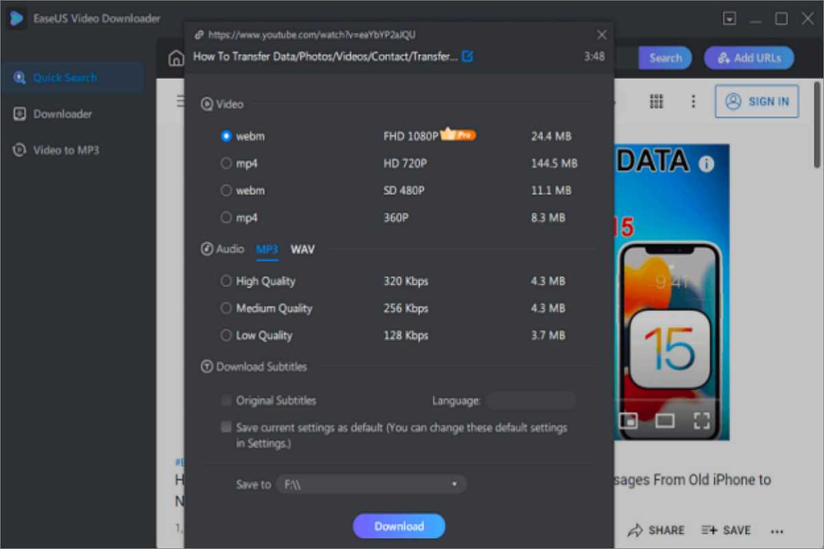 Screenshot of EaseUS video downloader for Mac